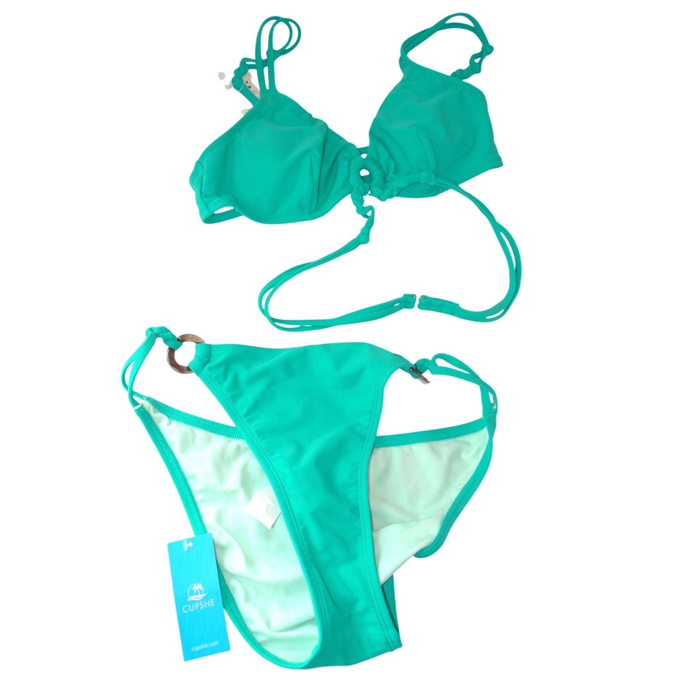 NWT-Cupshe Teal‎ Green Ring Detail Braided Wrap Bikini Set Size M
